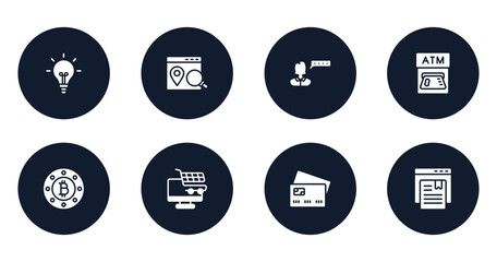 Poster - marketing and seo filled icons set. flat filled icons sheet included lightbulb black tool shape, place optimizer, user review, atm card, bit round button, e commerce, rectangular, bookmark service