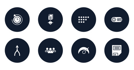 Poster - web filled icons set. flat filled icons sheet included rewind time, sharing archives, ratings, on, merging, businessmen, velocity, disquette vector.