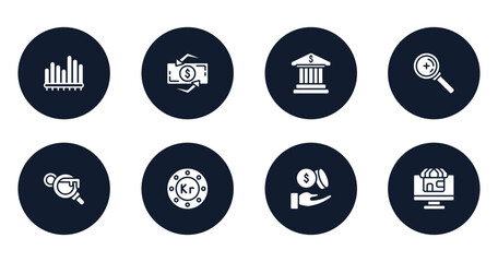 Poster - multimedia marketing filled icons set. flat filled icons sheet included seven bars chart, dollar exchange, bank building, zoom or search, keyword search, krone circular, dollar coins and hand, web