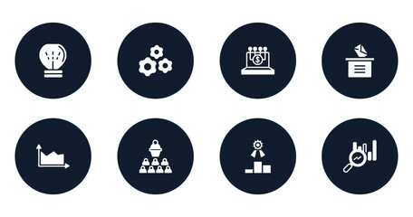 Poster - business and charts filled icons set. flat filled icons sheet included lightbulb gross, wheel with cogs, digital finance, manual voting, area chart, seminar, competitive, search stats vector.