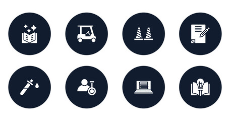 Poster - biochemistry filled icons set. flat filled icons sheet included book of fairy tales, golf cart, bollards, homework, blood test, biochemist, e-learning, theory vector.