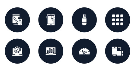 Poster - responsive web filled icons set. flat filled icons sheet included tablet and cellphone, big tablet, usb drive, nine squares, no computer, stats on a screen, code rate, rotate smartphone vector.