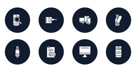 Poster - programming line craft filled icons set. flat filled icons sheet included phone search, power adapter, tablet smartphone computer checked, flash card, usb flash, c document, pc equipment, mobile