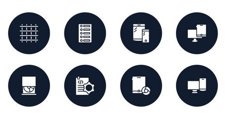 Poster - computer devices filled icons set. flat filled icons sheet included big grid, list of options, tablet and phone, monitor and tablet, cd drive, document tings, tablet and browser, screens vector.