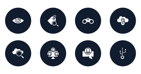Poster - material devices filled icons set. flat filled icons sheet included shiny eye, tag search filter, binoculars tool, unlocked internet, internet search, three users, chat avatar, usb vector.