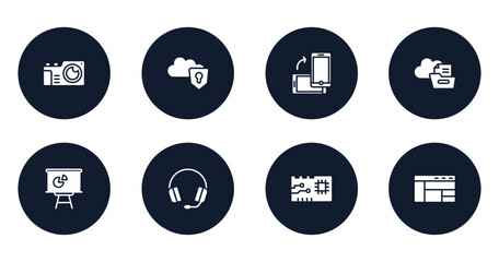 Poster - computer and media filled icons set. flat filled icons sheet included vintage camera, protected on internet, turning phone, files folder on cloud, statistics presentation, heads with microphone,