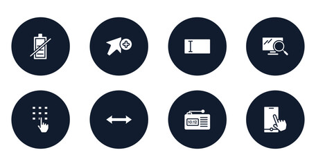 Poster - computer and media filled icons set. flat filled icons sheet included battery uncharged, add, text entry box, pc search, entering password, left and right arrow, radio alarm, touch screen smartphone