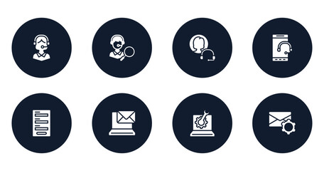 Poster - support filled icons set. flat filled icons sheet included operator avatar, looking for a solution, end user issue, tablet telephone, contact form, email on computer, technical support line, email