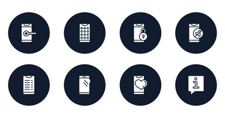 Poster - talking filled icons set. flat filled icons sheet included phone with keys, phone menu, phone locked, in silence, transaction smartphone with big screen, with heart, speech bubble information