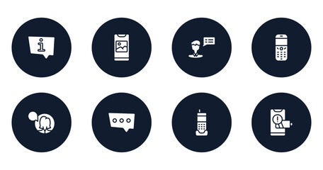 Poster - smartphones filled icons set. flat filled icons sheet included information speech bubble, photo on phone screen, male, old phone speaker, female user talking, three dots ellipsis, phone home, with