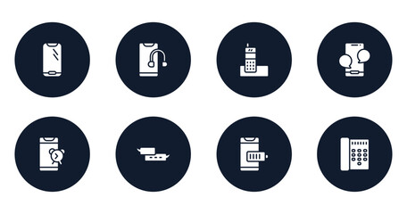 Poster - history of phones filled icons set. flat filled icons sheet included round smartphone, smartphone headphones, long distance phone, phone with message, alarm phone, small speech bubble, smartphone