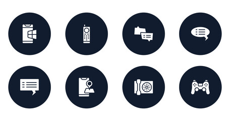 Poster - smart devices filled icons set. flat filled icons sheet included windows on phone, first commercial phone, two speech bubbles, black speech bubble, blank speech bubble, map on phone, wall ps4