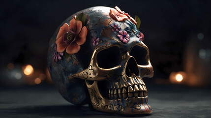 Wall Mural - Ritual Mexican skull decorated with colorful flowers, straight view.