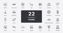 Africa Outline Icons Set. Thin Line Icons Sheet Included Blizzard, Gorilla, Walrus, Icicle, African Mask, Diving, Drum, Monument Vector.