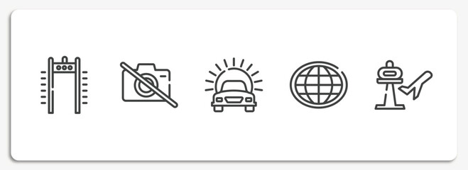 Poster - holidays outline icons set. thin line icons sheet included airport security portal, no photos, car in front of the sun, earth globe, airport vector.