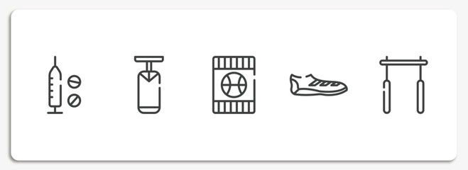 Poster - gym outline icons set. thin line icons sheet included doping, boxing bag, blue card, soccer boots, horizontal bar vector.