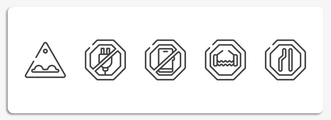 Poster - traffic signs outline icons set. thin line icons sheet included bumps, no plug, smarthphone, bridge road, lane vector.