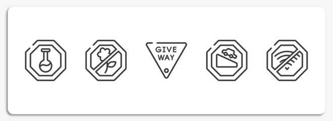 Poster - signal and prohibitions outline icons set. thin line icons sheet included substance, no picking flowers, give way, descending, no wifi vector.