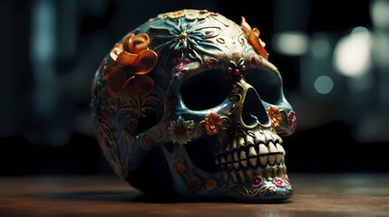 Wall Mural - Ritual Mexican skull decorated with colorful flowers, straight view.