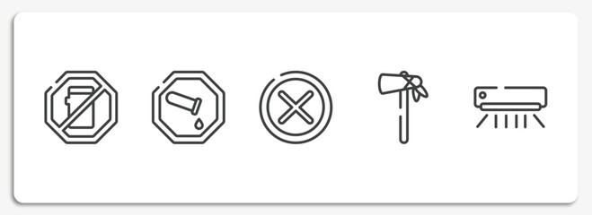 Poster - hotel signals outline icons set. thin line icons sheet included no mobile phone, chemical products, unchecked, native american tomahawk, air condition vector.