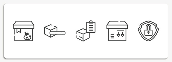 Poster - shipping and handly outline icons set. thin line icons sheet included flammable package, search box, delivery clipboard, side down, security vector.