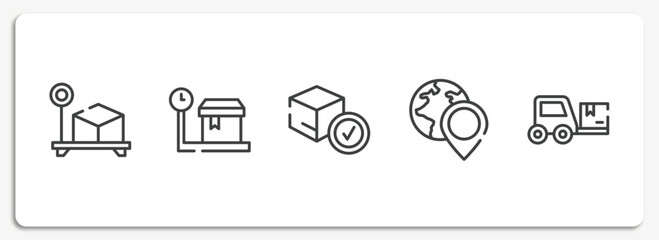 Poster - lineal logistic outline icons set. thin line icons sheet included box weight, weighting, delivered box verification, worldwide pin, trolley truck vector.