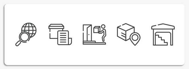 Poster - shipping and handly outline icons set. thin line icons sheet included search worldwide, delivery invoice, on door delivery, track package, stack in depot vector.