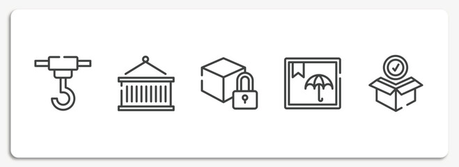 Poster - logistic & delivery outline icons set. thin line icons sheet included container hanging, lift package, locked pack, box, package checking vector.