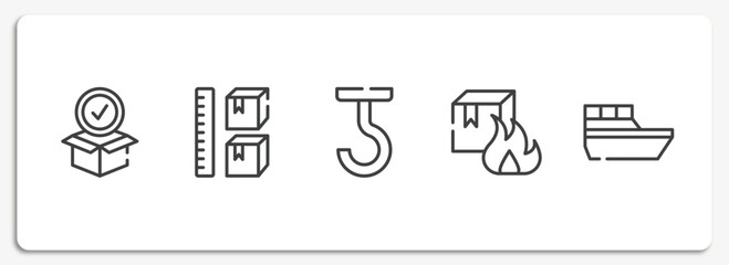 Poster - logistics delivery outline icons set. thin line icons sheet included package for delivery, storage capacity, use hooks, flammable box, sea ship vector.