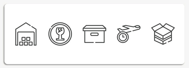 Poster - boxes outline icons set. thin line icons sheet included distribution center, fragile, cardboard box with lid, shipping by plane, open cardboard box vector.