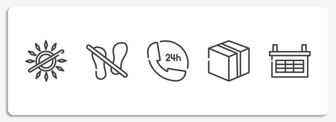 Poster - global logistic outline icons set. thin line icons sheet included no sunlight, do not stand on, 24 hours phone service, closed cardboard box, organizing grid vector.