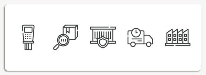 Poster - logistics outline icons set. thin line icons sheet included payment terminal, trackcode, delivery insurance, shipping truck, manufacturing plant vector.