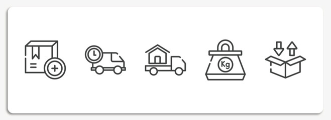 Poster - logistics delivery outline icons set. thin line icons sheet included add package, logistics times, moving home, kilogram, delivery packaging box vector.