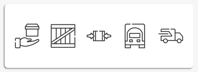 Poster - shipping and handly outline icons set. thin line icons sheet included delivery in hand, wooden box, clamp as indicated, frontal truck, fast transport vector.