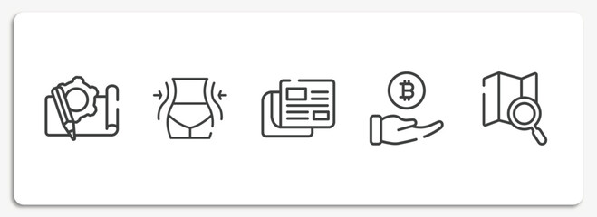 Poster - general outline icons set. thin line icons sheet included prototyping, weight loss, news feed, initial coin offering, map search vector.