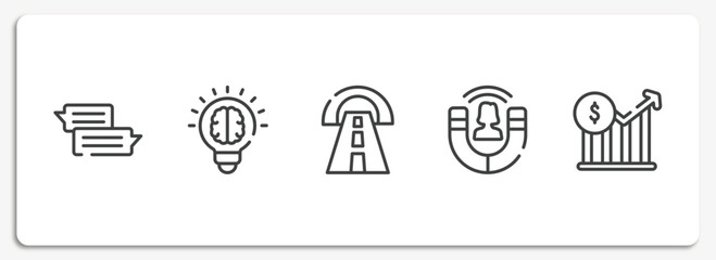 Poster - general outline icons set. thin line icons sheet included text chat, invention, road tunnel, user engagement, stock prices vector.