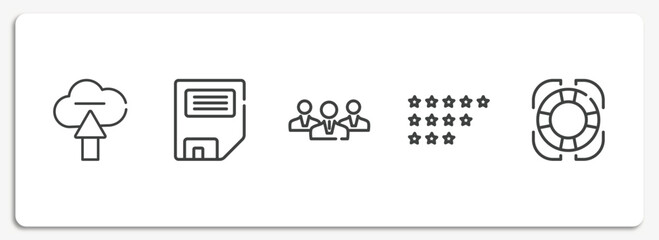 Poster - customer service outline icons set. thin line icons sheet included upload to cloud, disquette, businessmen, ratings, rescue vector.