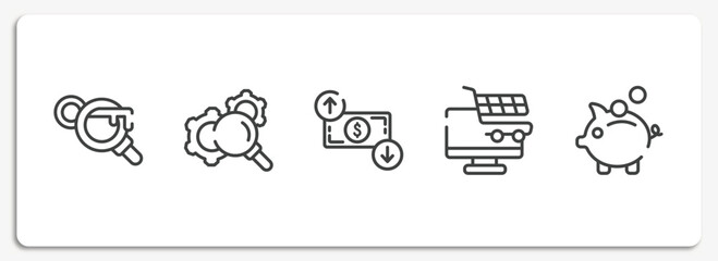 Poster - multimedia marketing outline icons set. thin line icons sheet included keyword search, gear with magnifying glass, dollar rates, e commerce, pig bank vector.