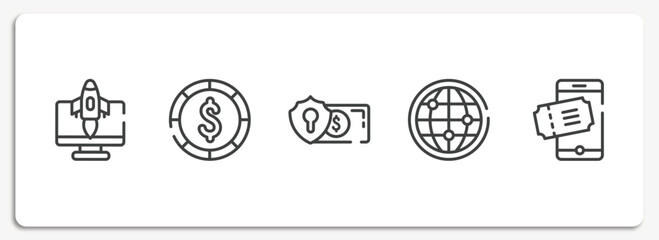 Poster - multimedia marketing outline icons set. thin line icons sheet included rocket launch monitor, big dollar coin, currency security, big globe, eticket vector.