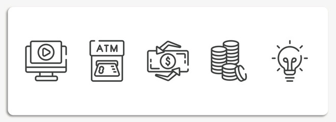 Poster - business and finance outline icons set. thin line icons sheet included play video, atm card, dollar exchange, three dollar coins stacks, big light bulb vector.