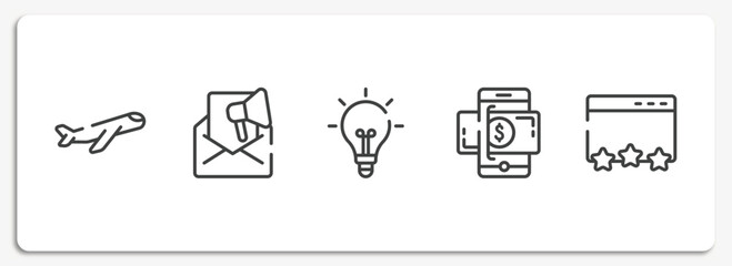 Wall Mural - marketing and seo outline icons set. thin line icons sheet included inclined airplane, marketing email, lightbulb black tool shape, money on smartphone, page quality vector.