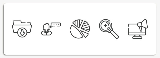 Poster - marketing and seo outline icons set. thin line icons sheet included download folder, user review, pie chart with piece, zoom or search, responsive marketing vector.