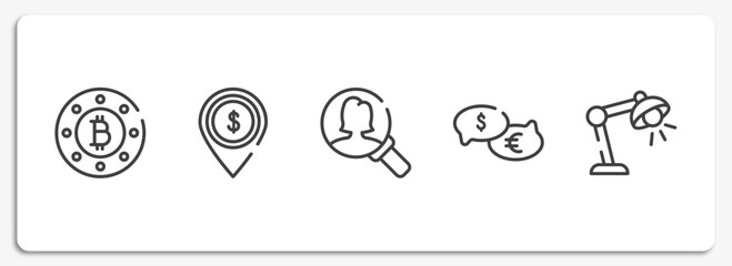 Poster - marketing and seo outline icons set. thin line icons sheet included bit round button, dollar spot, person search, talking about money, study light vector.