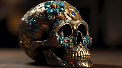 Wall Mural - Ritual Mexican skull decorated with colorful flowers, straight view.