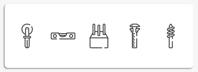 Wall Mural - construction line craft outline icons set. thin line icons sheet included knife for pizza, level gauge, concrete, sliding scale, drill tip vector.