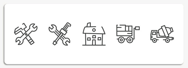 Poster - constructicons outline icons set. thin line icons sheet included work tools cross, wrench and screwdriver cross, house hand drawn building, trolley with cargo, cement truck vector.