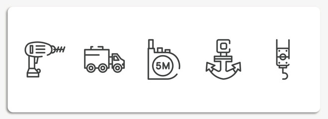 Wall Mural - constructicons outline icons set. thin line icons sheet included drill, truck with freight, five meters ruler, anchor navigational tool, pulley hook vector.