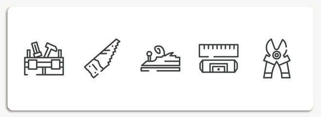 Poster - do it yourself outline icons set. thin line icons sheet included toolbox, saw hand drawn tool, wood brush tool, rule and level, mower scissor vector.