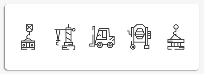 Poster - constructicons outline icons set. thin line icons sheet included crane holding construction panel, derrick facing right, forklift tool, concrete mixer tool, derrick with pallet vector.