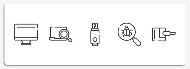 Poster - devices outline icons set. thin line icons sheet included monitors, computer search, usb flash, bugs search, power adapter vector.